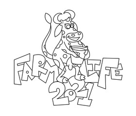 Happy cartoon smiling cow with milk busket