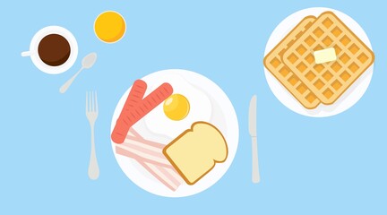 Vector Isolated Illustration of a Breakfast with a waffles, bread, fried egg, sausages, bacon, coffee and orange juice