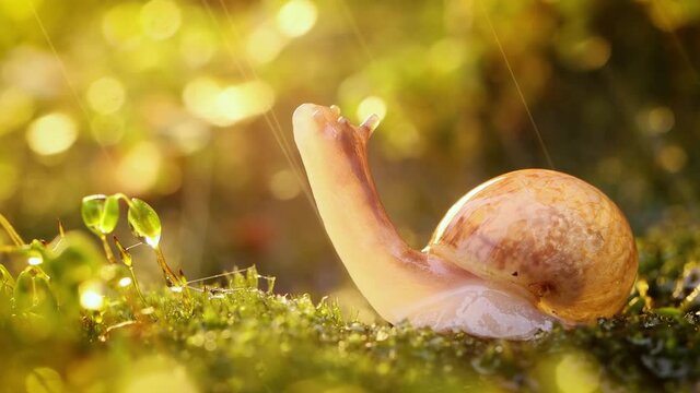 Close-up wildlife of a snail in heavy rain in the sunset sunlight.