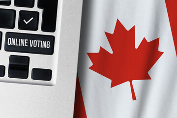 Online voting concept in Canada. Keyboard near country flag.