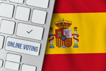 Online voting concept in Kingdom of Spain. Keyboard near country flag.