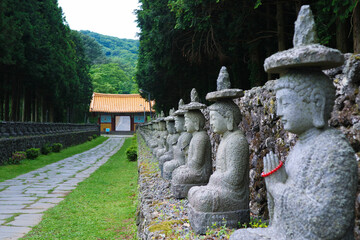 A lots of Ancient carved stone of buddha (zen buddhism) along the rocky walkway to the temple at...