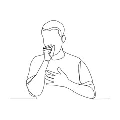 Continuous line drawing of man suffer cough and holding cest. Vector illustration