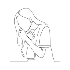 Continuous line drawing of woman suffer cough and holding cest. Vector illustration