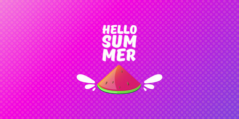 Vector Hello Summer Beach Party horizontal banner Design template with fresh watermelon slice isolated on violet background. Hello summer concept label or poster with fruit and typographic text.