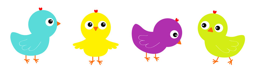 Bird icon set line. Cute cartoon funny kawaii baby character. Colorful chicken chick. Face head. Happy Easter. Friends forever. Greeting card. Flat design. Isolated.White background.