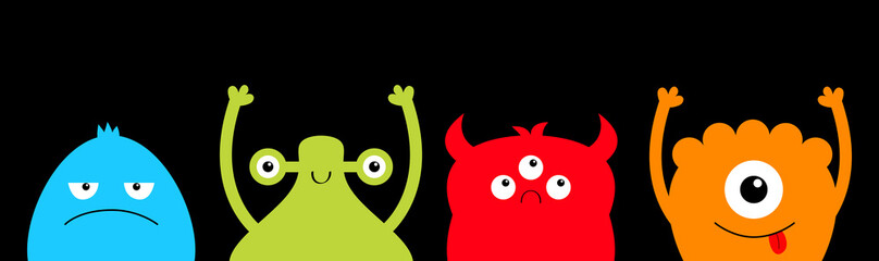 Happy Halloween. Monster colorful silhouette face head icon set line. Cute cartoon kawaii scary funny baby character. Eyes, tongue, hands up. Black background. Isolated. Flat design.