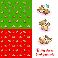 Festive winter and summer seamless background with cute little baby deers with flowers, green leaves, snowflakes and jingle bells, Christmas and holidays