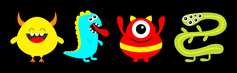 Happy Halloween. Monster colorful silhouette set line. Dino, snake. Cute kawaii cartoon scary funny character icon. Eye, hair, tongue teeth, hands. Funny baby. Black background. Flat design.
