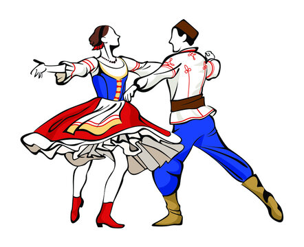 Color linear vector illustration of silhouettes of a man and a woman dancing Hungarian Czardas dance in national costumes