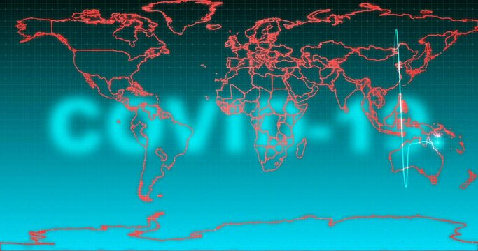 Stylized electrocardiogram on a background of a world map with the naming of the covid-19 virus, the concept of a global pandemic, alpha channel