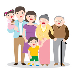 Drawing Of A Big Happy Family Portrait With Parents, Children And Grandparents. Vector Flat Cartoon Illustration.  