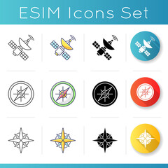 Navigation icons set. Land, nautical and aeronautical navigating. Linear, black and RGB color styles. Space satellite, rose of winds and marine compass. Isolated vector illustrations