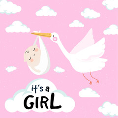 baby girl birth card or banner in black depicting a stork bringing the baby on a pink background with clouds