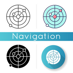 Sonar icon. Radio wave scanning, obstacle detection technology for nautical vessels. Maritime navigation. Linear black and RGB color styles. Navigational radar isolated vector illustrations