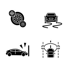 Car security measures black glyph icons set on white space. Driver assistance silhouette symbols. Seasonal tyres, crash test, stability control and lane keeping systems. Vector isolated illustration