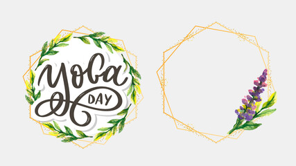 Lettering Yoga. Vector background International Yoga Day. Vector design for poster, T-shirts, bags. Yoga typography. Vector elements for labels, logos, icons, badges.