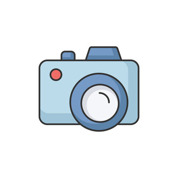Camera RGB color icon. Freelance photographer. Take picture. Photography device. Shoot snapshot. Focus lens. Capture photo. Multimedia button. Zoom on optical lens. Isolated vector illustration