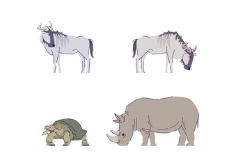 Cattle and rhino semi flat RGB color vector illustration set. Indonesian turtle. Wildlife mammals. Safari conservation creature. Wild animal isolated cartoon character on white background collection