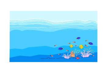 Fototapeta na wymiar Tropical underwater life semi flat vector illustration. Marine exotic fish. Wildlife in aquatic bottom. Coral reef. Diving in ocean. Marine depth 2D cartoon scenery for commercial use
