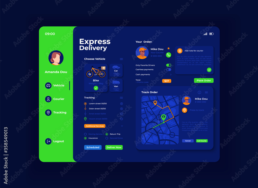 Poster express shipping tablet interface vector template. mobile app page night mode design layout. order d