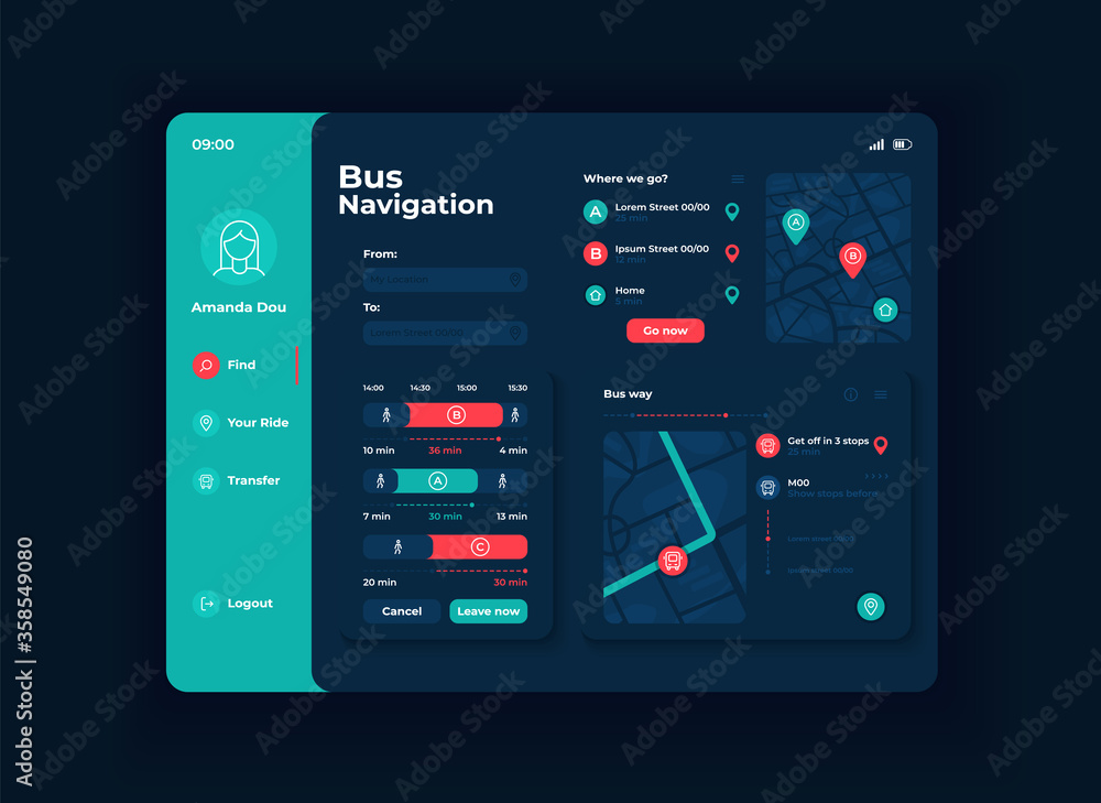 Wall mural passenger transport navigation tablet interface vector template. mobile app page night mode design l