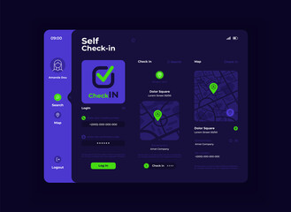 Fototapeta premium Social check in tablet interface vector template. Mobile app page night mode design layout. User profile menu screen. Flat UI for application. GPS maps with locations tags on portable device display