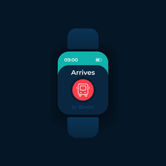 Passenger transport arrival smartwatch interface vector template. Mobile app notification night mode design. Bus arrival reminder on screen. Flat UI for application. Bus icon on smart watch display
