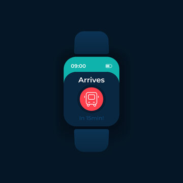 Passenger transport arrival smartwatch interface vector template. Mobile app notification night mode design. Bus arrival reminder on screen. Flat UI for application. Bus icon on smart watch display
