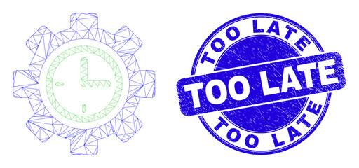 Web mesh clock setup wheel icon and Too Late seal stamp. Blue vector round grunge seal stamp with Too Late caption. Abstract carcass mesh polygonal model created from clock setup wheel icon.