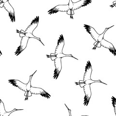 Hand-drawn simple vector seamless pattern. Black outline of a stork flying in the sky on a white background. Wildlife, birds. For prints of fabric, textile products, paper, clothing, shirts.
