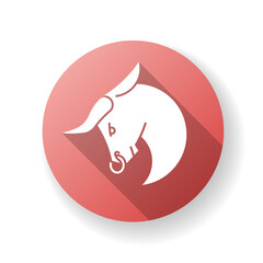 Taurus zodiac sign red flat design long shadow glyph icon. Astrological bull. Horned farm animal, ranch livestock, domestic cattle. Bullfight, corrida mascot. Silhouette RGB color illustration