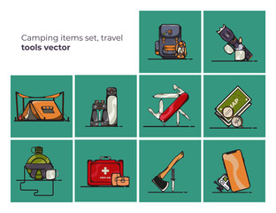 Camping items set, travel tools vector