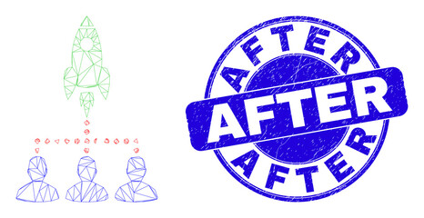 Web mesh rocket startup group icon and After seal stamp. Blue vector rounded distress seal stamp with After text. Abstract carcass mesh polygonal model created from rocket startup group icon.
