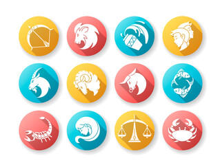 Zodiac signs flat design long shadow glyph icons set. Twelve horoscope for fortune telling. Astrology and future prediction. Different birth signs Silhouette RGB color illustration