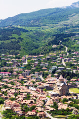 View to confluence Aragvi and Mtikvari rivers and town of Mtsheta from Jvari church. Georgia