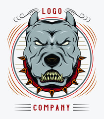 Bulldog emblem design template. pitbull in spiked collar on BLACK grunge background. logo design for sport team.