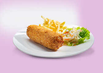 Chicken risol filled with bacon or smoked beef and mayonnaise, served with french fries and salad.