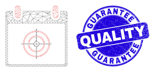 Web mesh target calendar page pictogram and Guarantee Quality seal stamp. Blue vector rounded distress seal stamp with Guarantee Quality title.