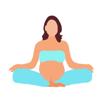 The Pregnant Girl Is Meditating. Enjoying Future Motherhood. Vector Illustration. A Woman Is Meditating On A White Background In A Blue Top And Pants.