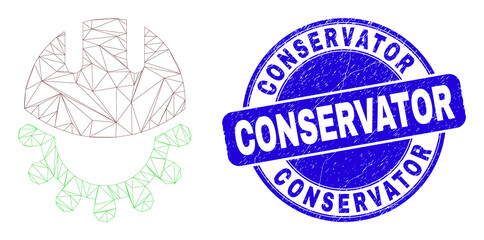 Web mesh development helmet pictogram and Conservator stamp. Blue vector round grunge stamp with Conservator title. Abstract frame mesh polygonal model created from development helmet pictogram.