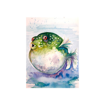 watercolor green pufferfish swimming in water clip art preview