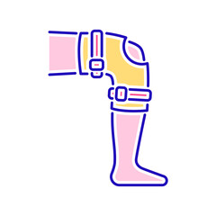 Orthopedic leg joint bandage color line icon. Rehabilitation and treatment after injuries and muscle strain. Isolated vector element. Outline pictogram for web page, mobile app, promo.