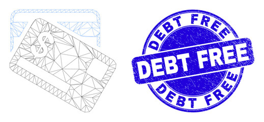 Web mesh dollar bank cards icon and Debt Free seal stamp. Blue vector round scratched seal stamp with Debt Free text. Abstract carcass mesh polygonal model created from dollar bank cards icon.