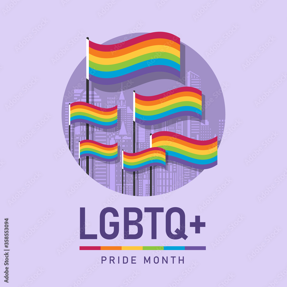 Poster lgbt pride month with rainbow flags in city building texture circle background vector design