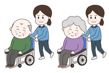 Caregiver on a walk with disabled senior citizen in a wheelchair. Vector illustration isolated on white background.
