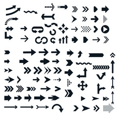 Arrows big black set icons. Big set of line vector arrow icons isolated on white background. Cursor. Vector illustration
