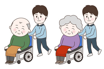 車椅子・老人と男性介護人 イラスト
