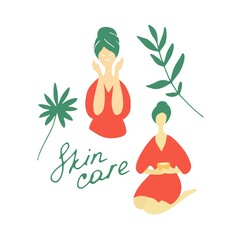 Skin care concept. Young woman in SPA, in bathroom doing cosmetic procedures. Hand drawn flat doodle vector illustration