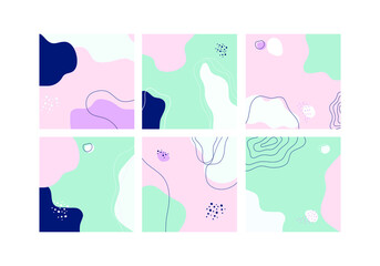 Obraz premium Sweet pastel color bright summer Silhouette Abstract seamless pattern. Set of six abstract backgrounds. Hand drawn various shapes and doodle objects. Contemporary modern trendy vector illustrations. 